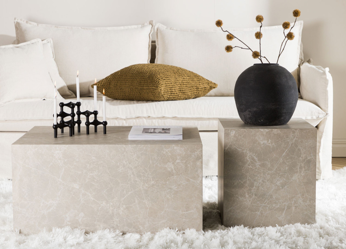 Table basse cube rectangulaire marbré beige blanc