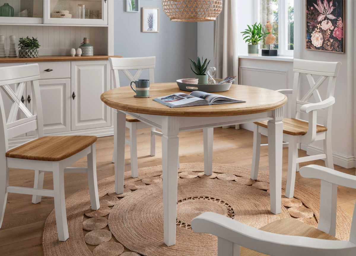 Table à manger ronde blanche et bois massif