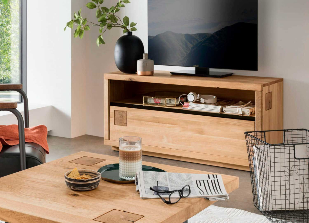 Banc tv en chêne et bandeau noir