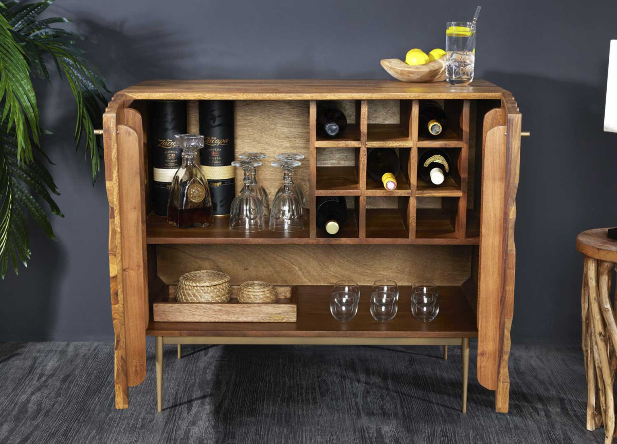 Meuble bar avec casiers à bouteilles en bois massif