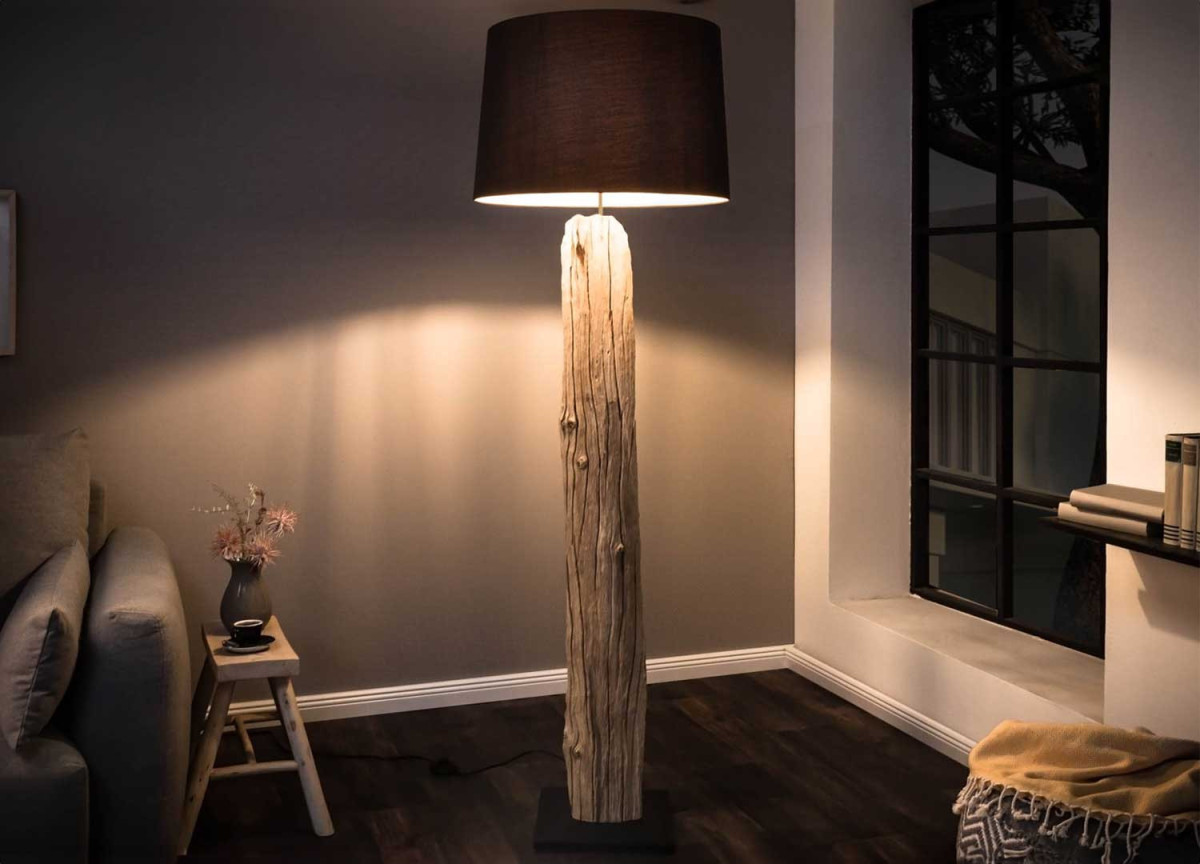 Lampe sur pied 177 cm bois flotté et lin noir