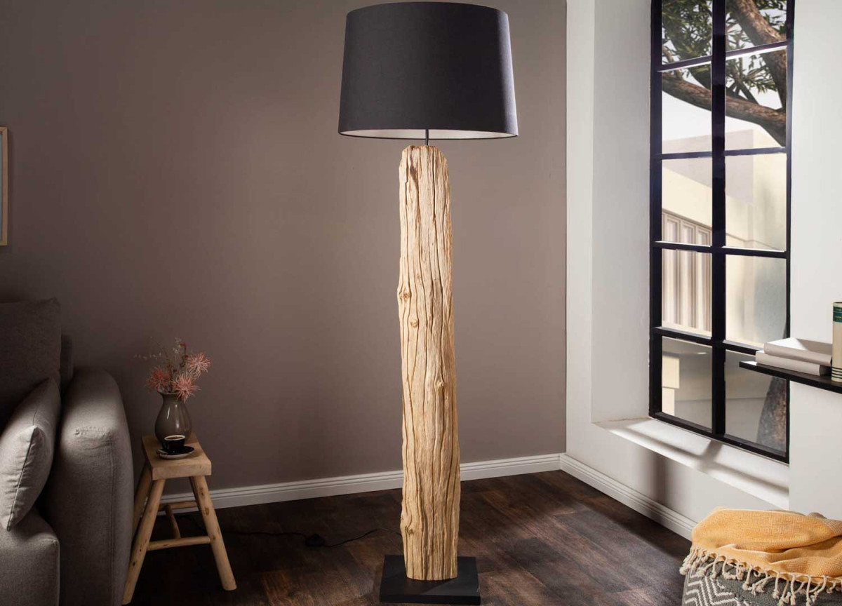 Lampe sur pied 177 cm bois flotté et lin noir