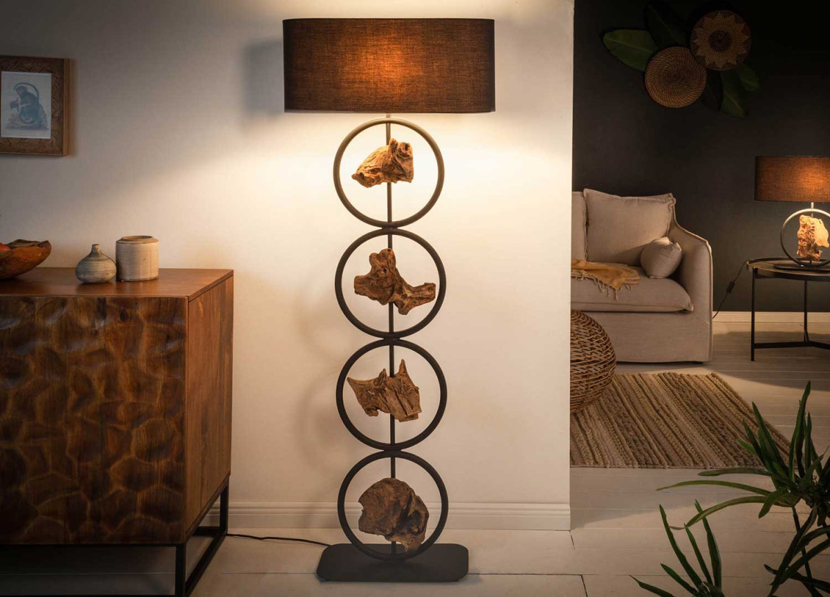 Lampe sur pied acacia et métal 147 cm