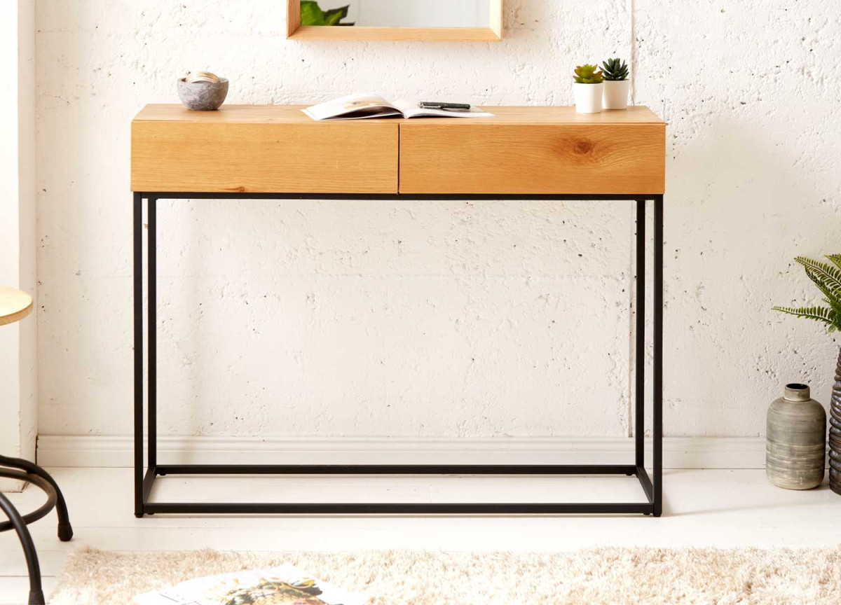 Console 2 tiroirs bois et métal