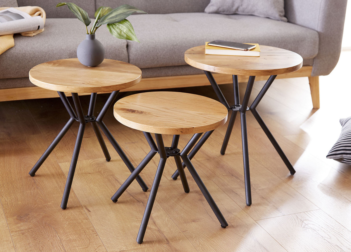 Lot de 3 tables basses en chêne et métal