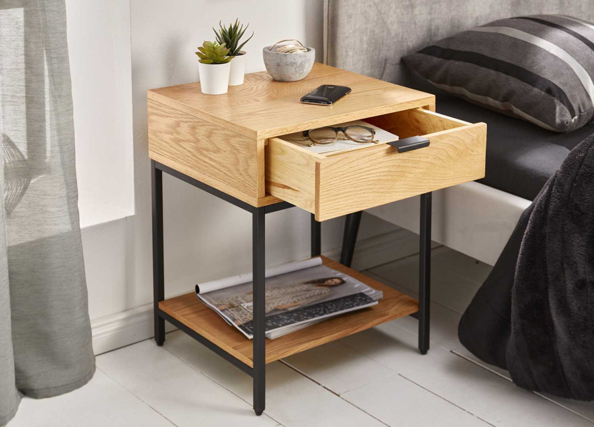 Table d'appoint, bout de canapé, chevet, en bois et métal noir