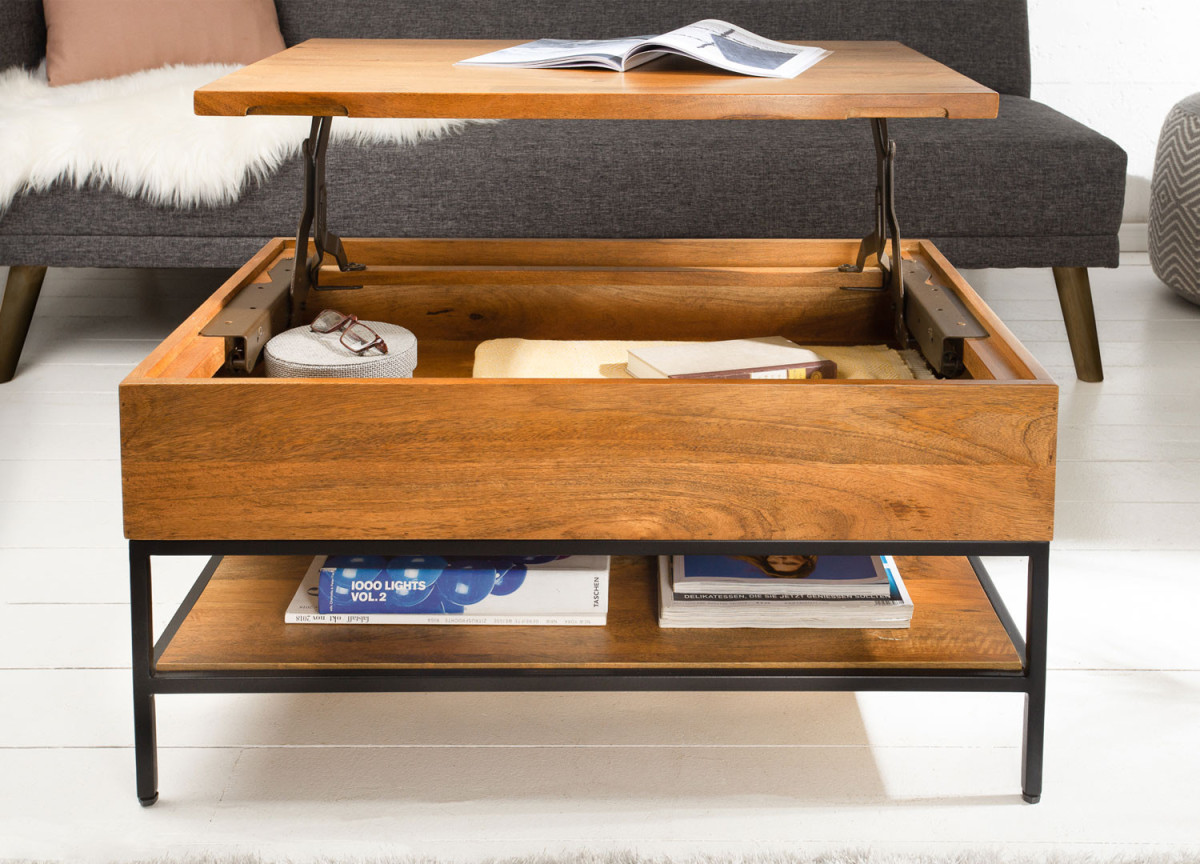 Table basse plateau relevable manguier et métal