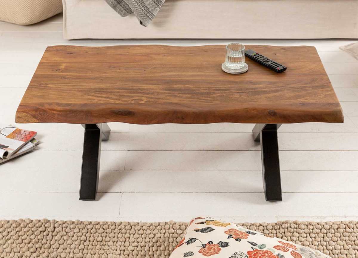Table basse rectangulaire en bois massif 100 cm et métal