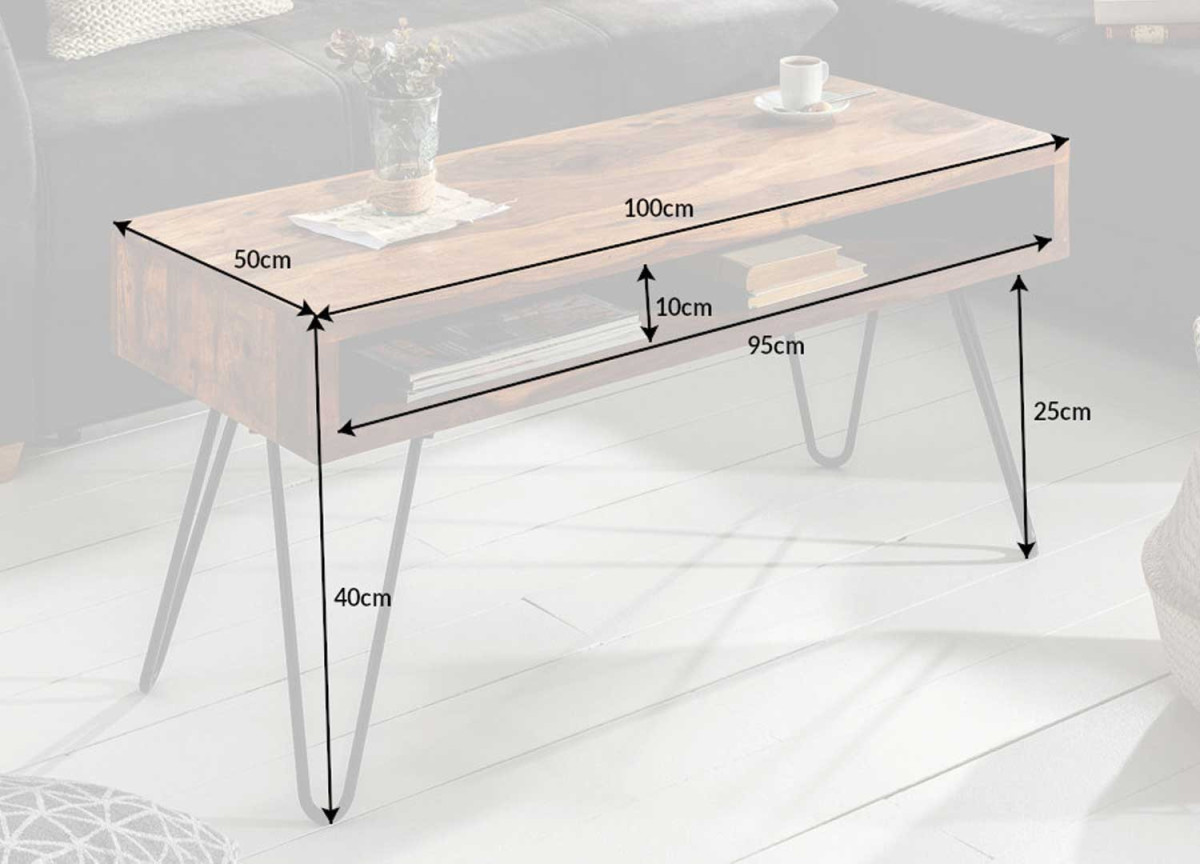 Table Basse 100x50 cm en Bois de Shesham Pieds en Épingles