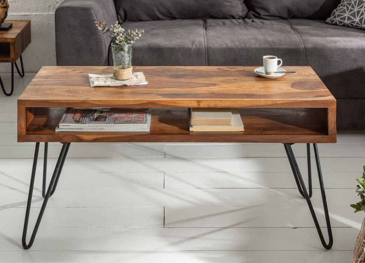 Table basse rectangulaire en bois de sesham et métal noir