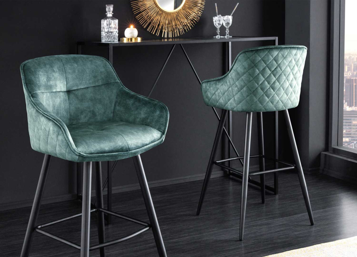 Chaises hautes velours pétrole et métal
