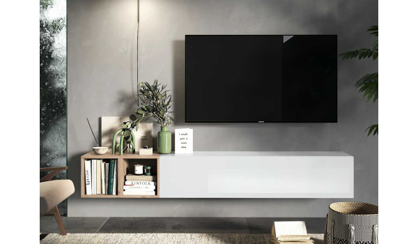 Meuble TV mural blanc et bois