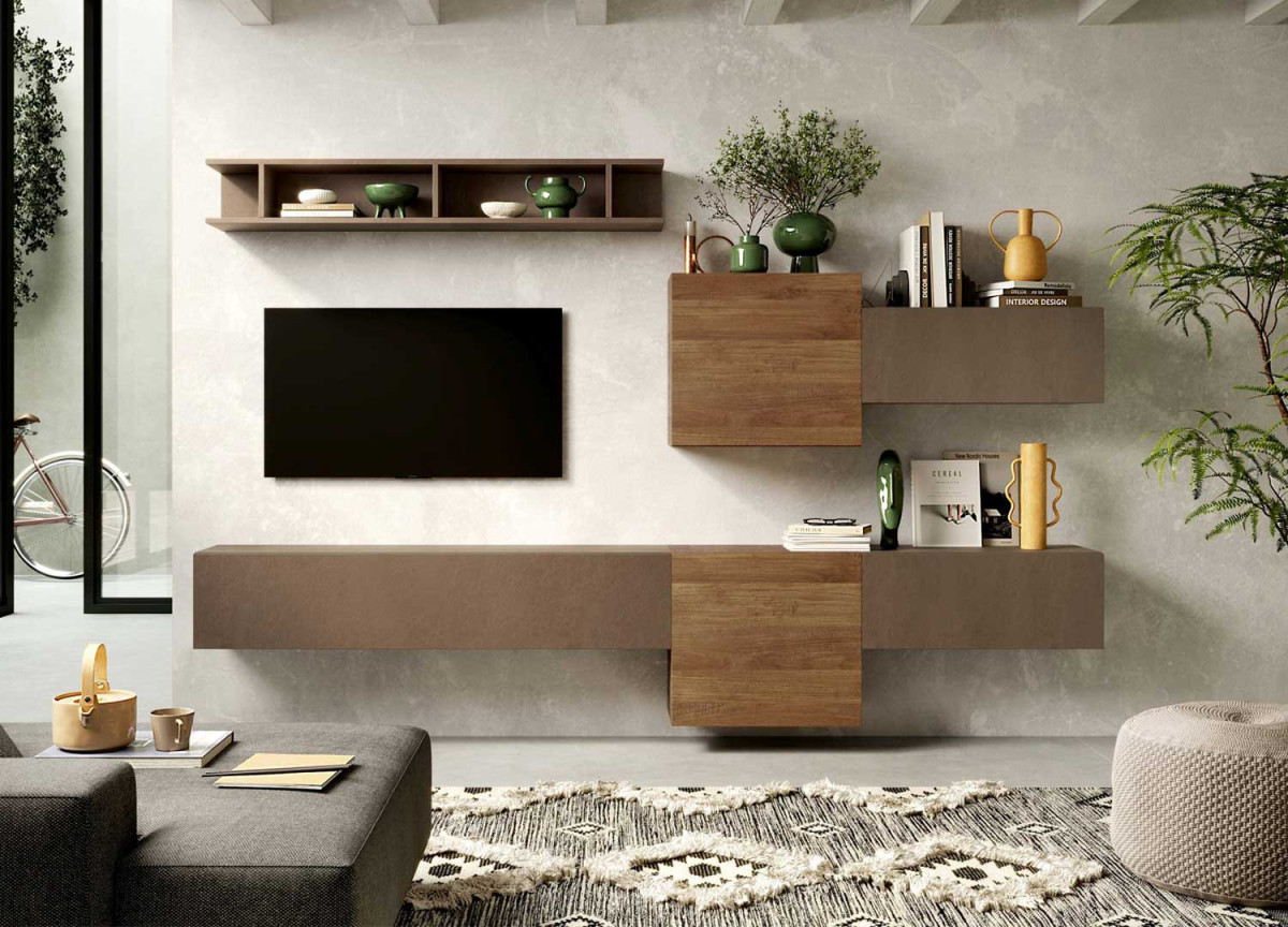 Meuble TV mural bois foncé et bronze