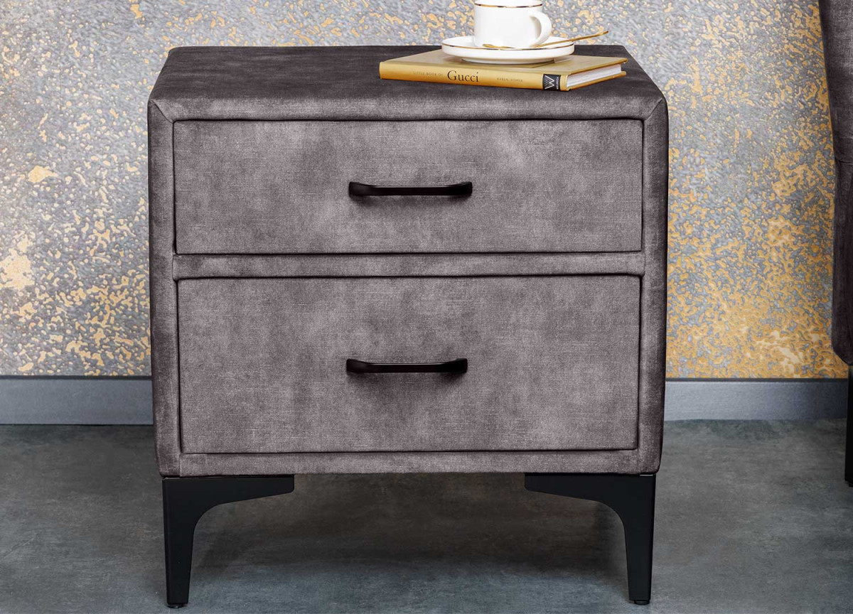 Chevet en velours gris foncé 2 tiroirs