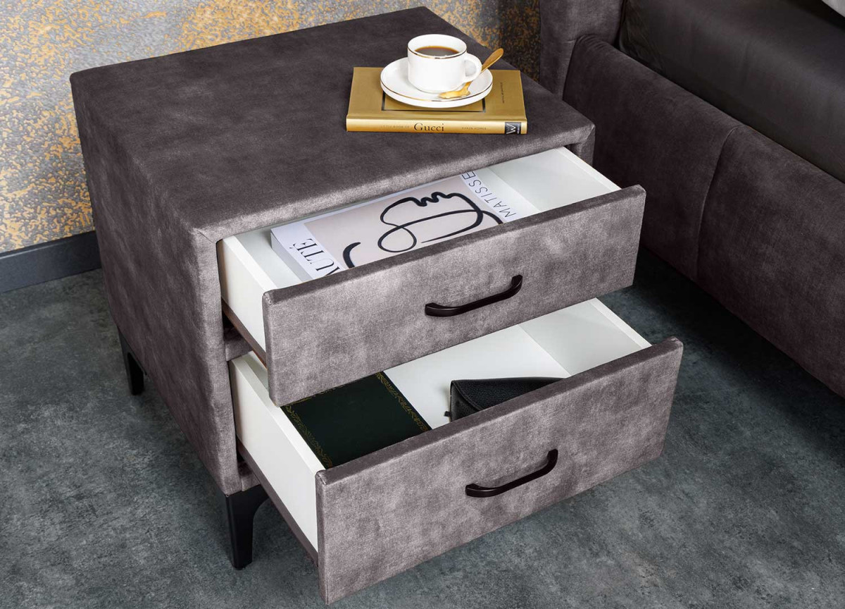 Chevet en velours gris foncé 2 tiroirs