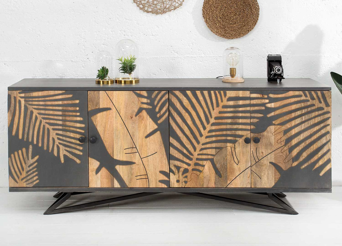 Buffet en bois grisé 4 portes avec ornements de feuilles tropicales