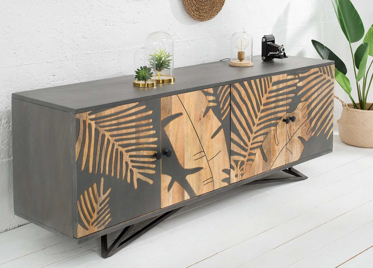 Buffet contemporain anthracite avec ornements de feuilles