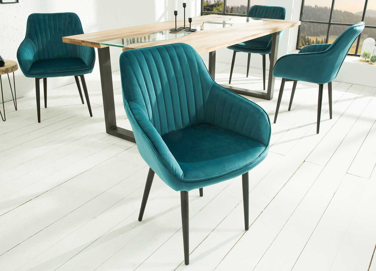 Chaises en velours turquoise avec accoudoir