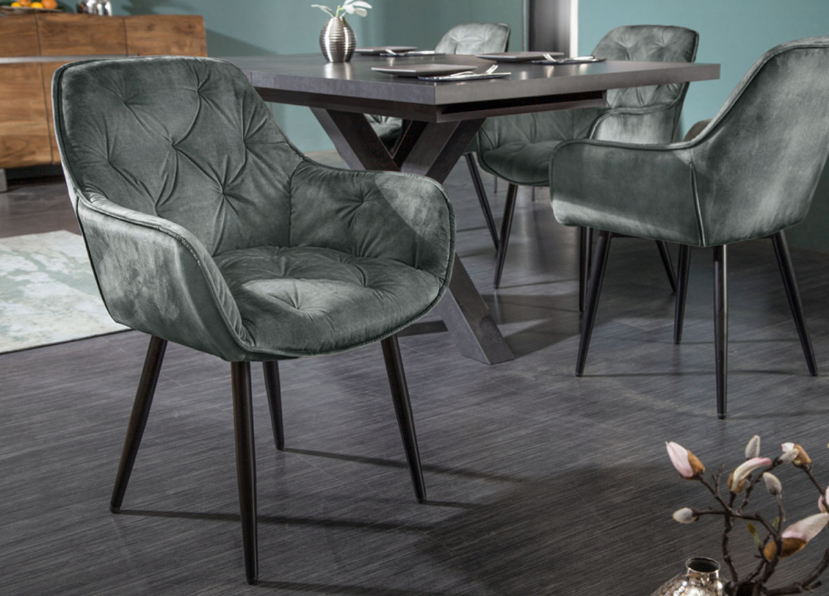 Fauteuils velours gris vert et métal noir
