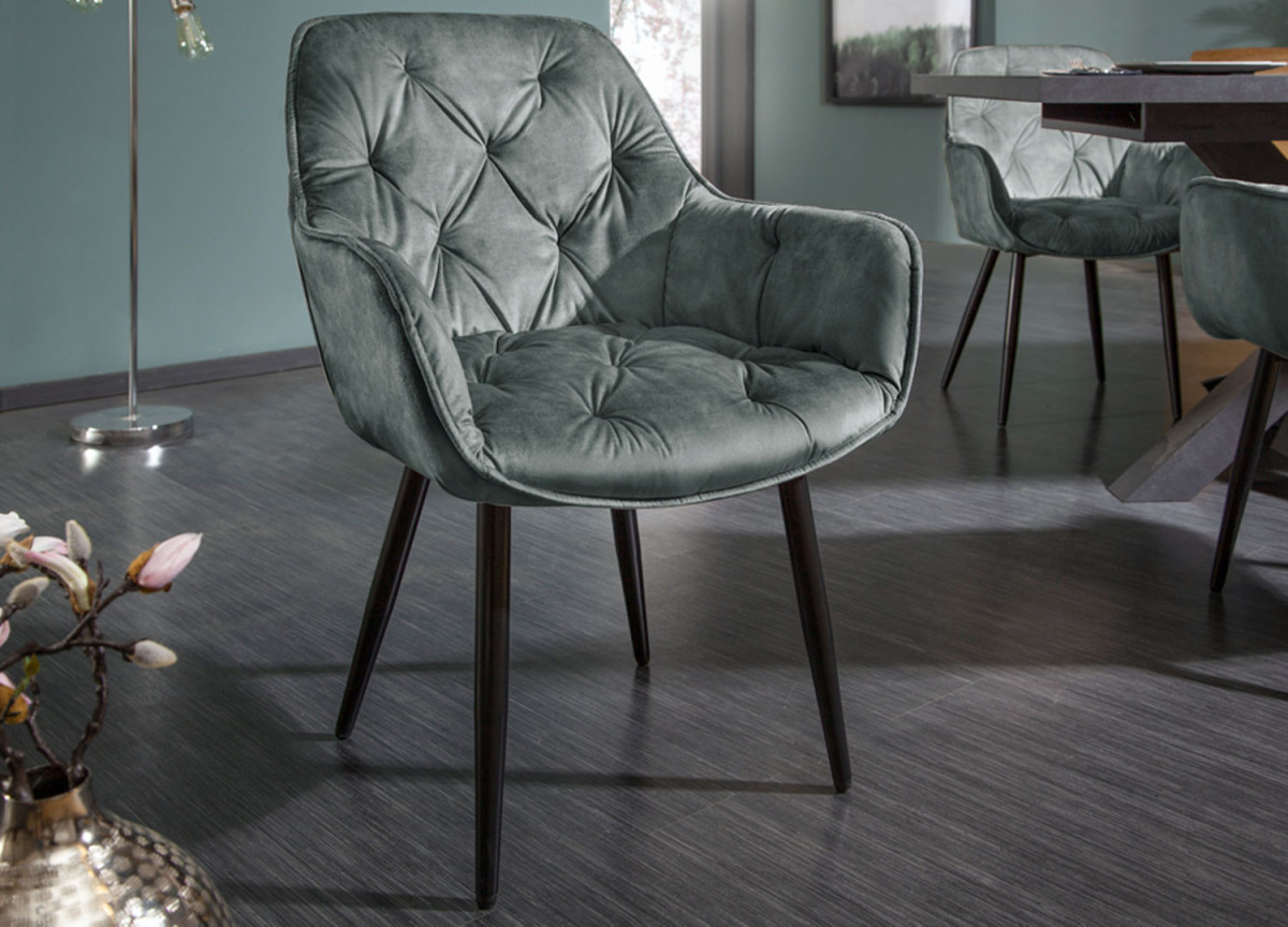 Fauteuils velours gris vert et métal noir