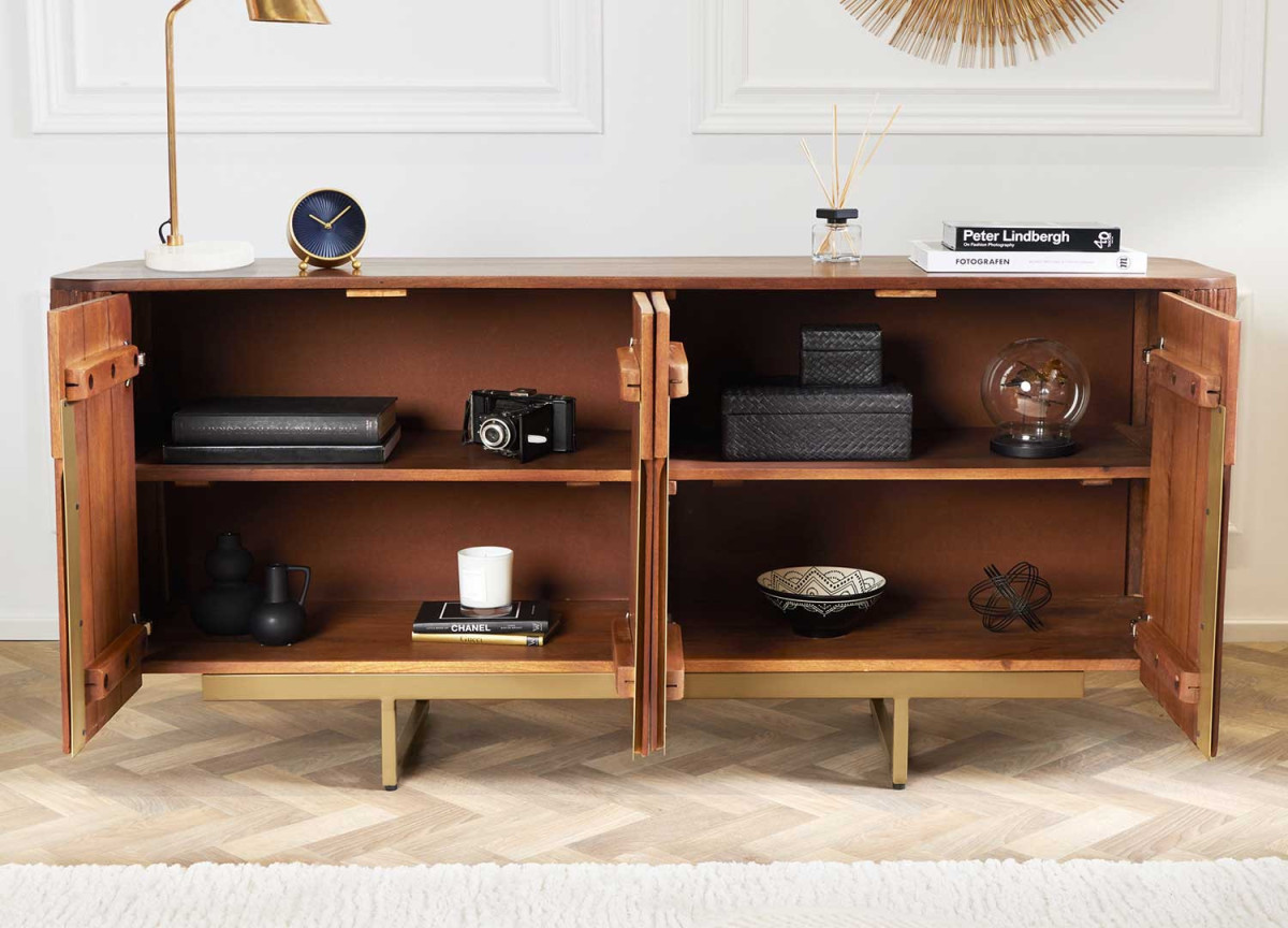 Buffet 160 cm rétro moderne bois massif avec 4 compartiments