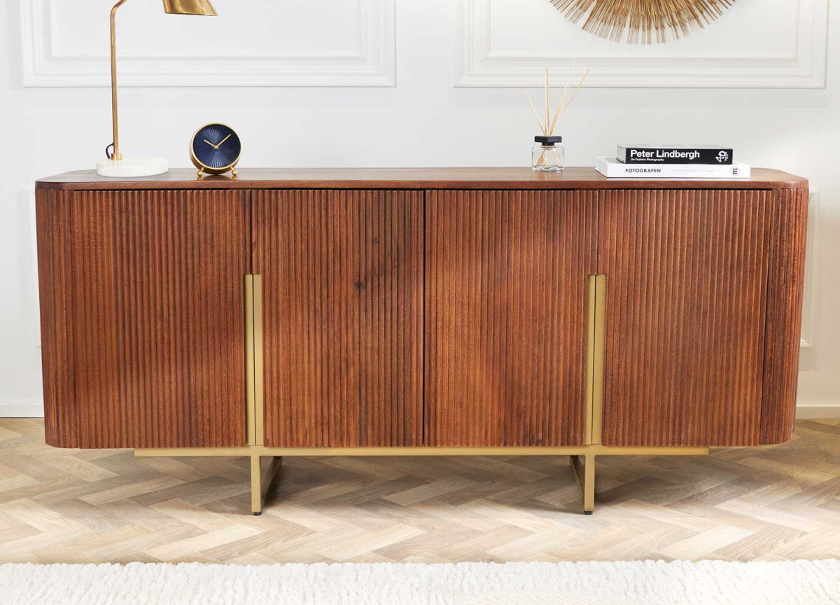 Buffet 160 cm 4 portes manguier et métal doré