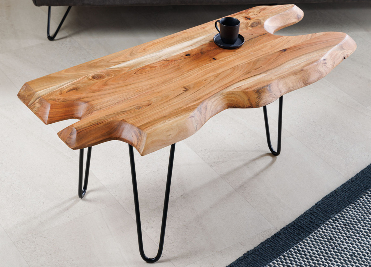 Table basse acacia et pieds en épingles originale