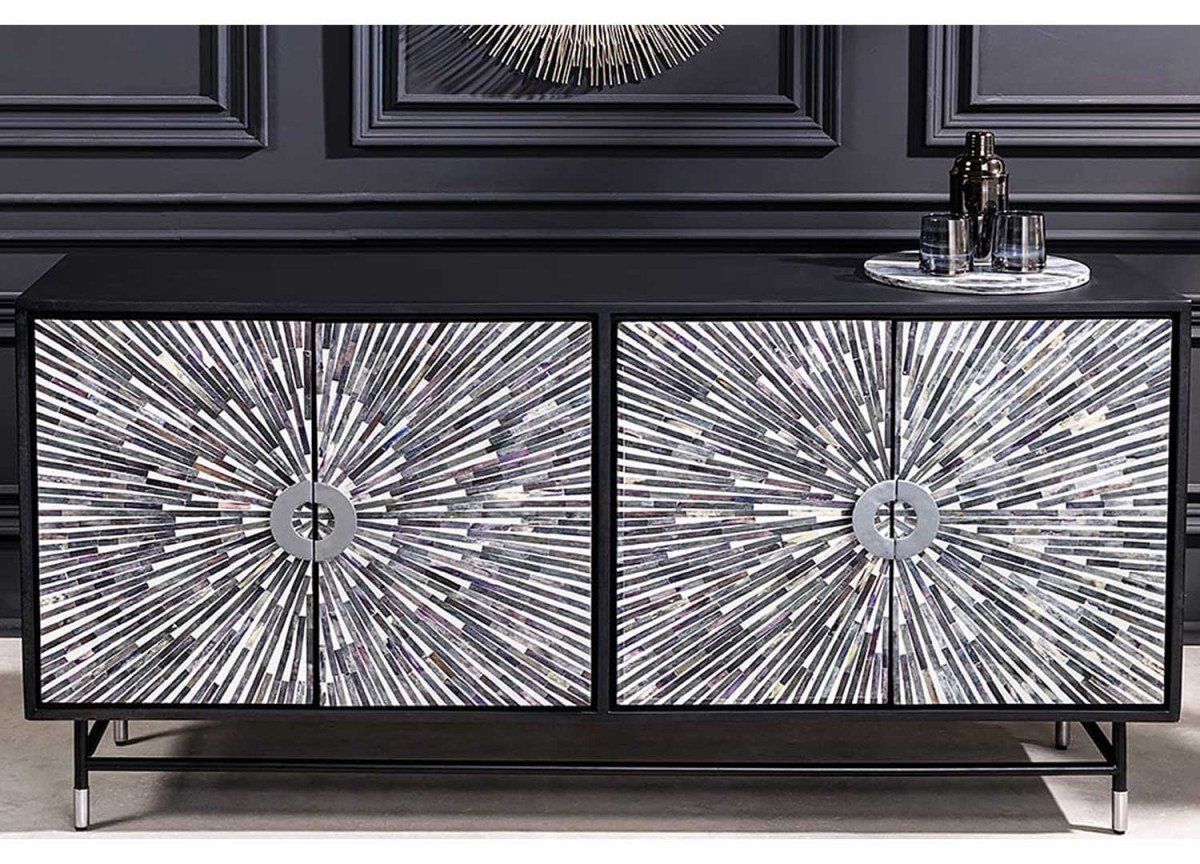 Buffet contemporain noir et argenté avec os de buffle