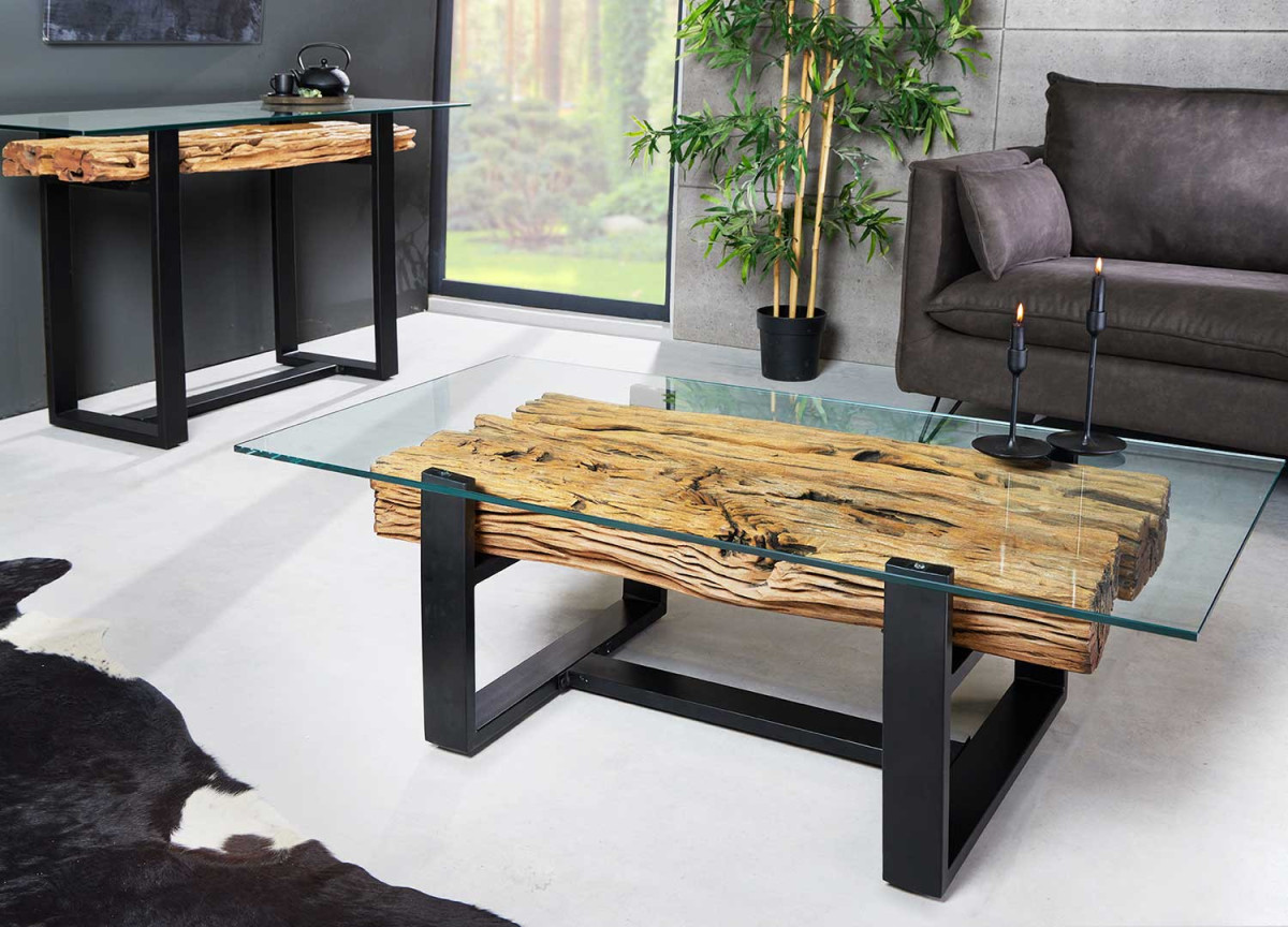 Table Basse 130 cm Moderne - Bois, Métal et Verre