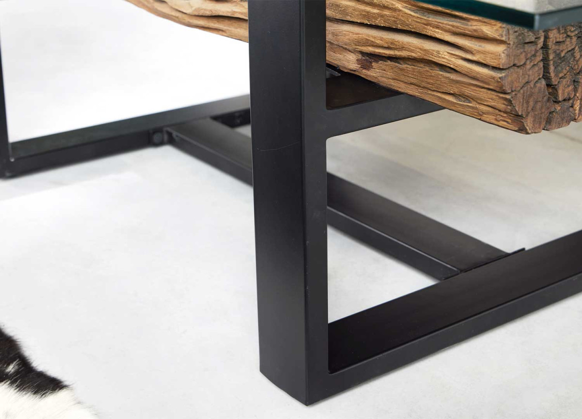 Table Basse 130x70 cm Teck, Verre et Acier Noir
