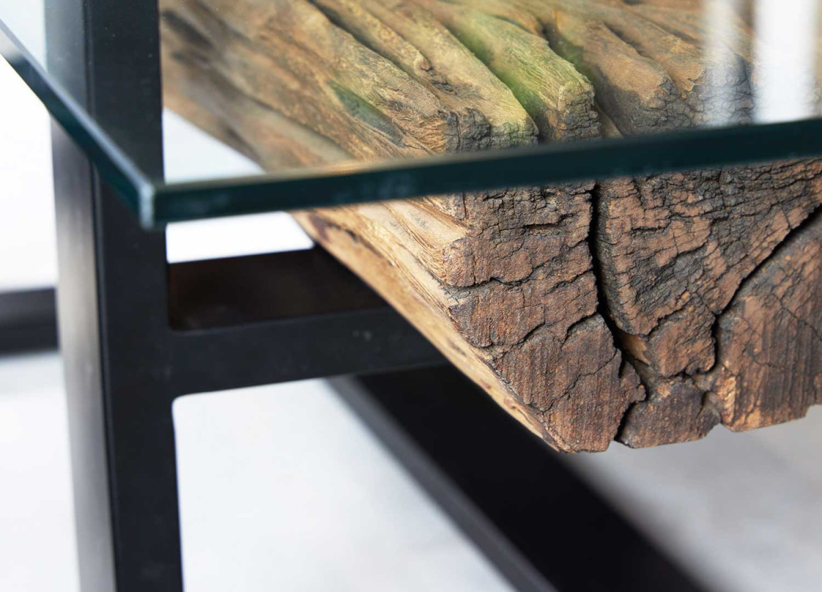 Table Basse 130x70 cm Teck, Verre et Acier Noir
