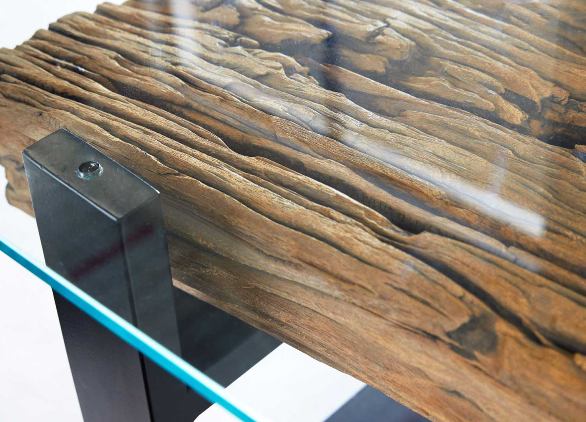 Table Basse 130x70 cm Teck, Verre et Acier Noir