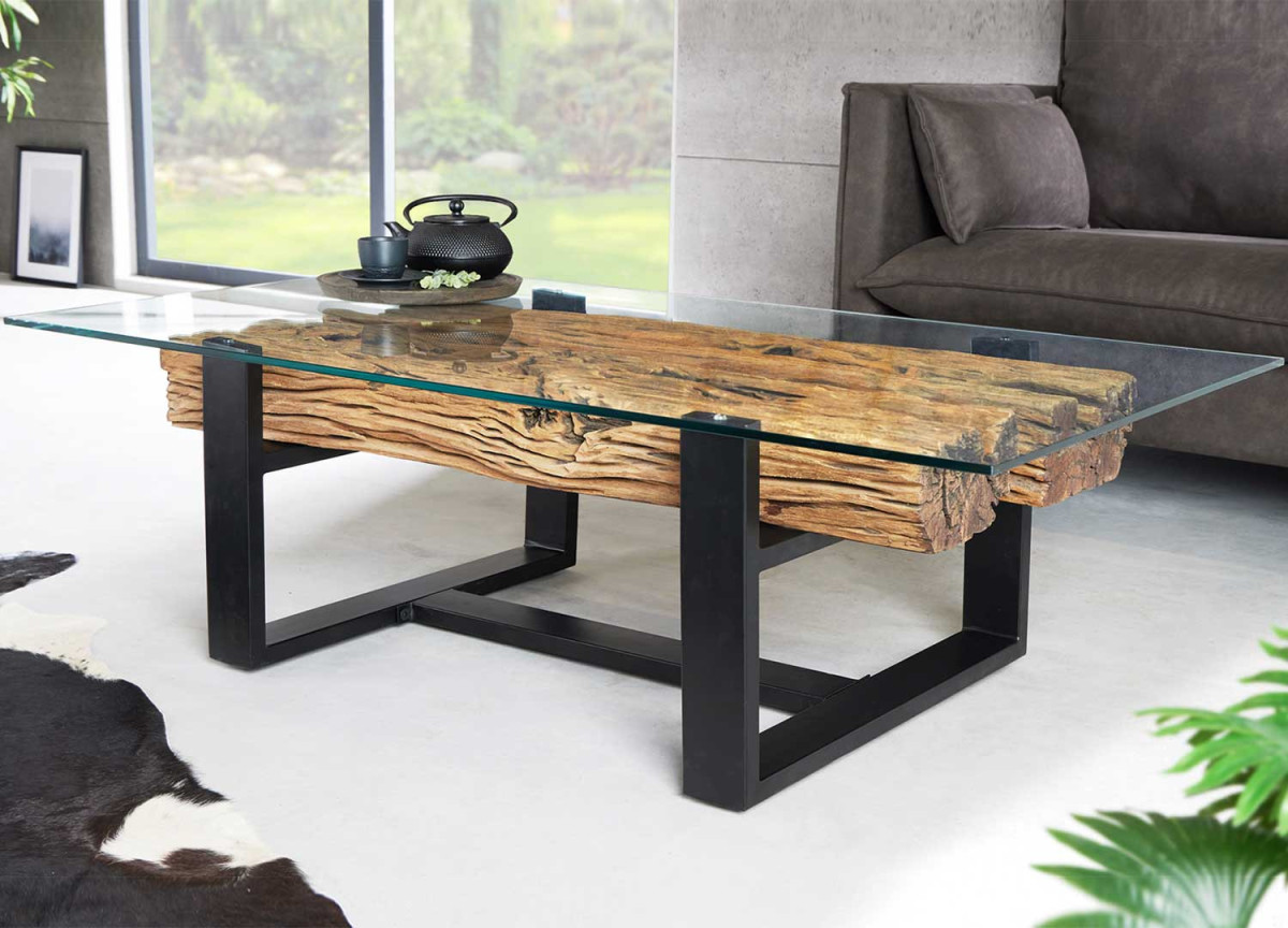 Table basse 130 cm teck verre et acier noir