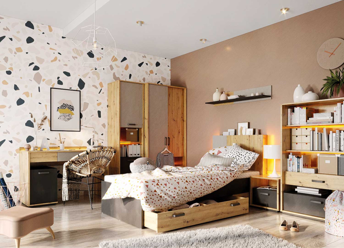 Colonne rangement chambre enfant bois et gris