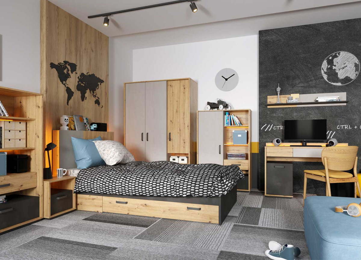 Bureau enfant bois et gris avec éclairage led orange