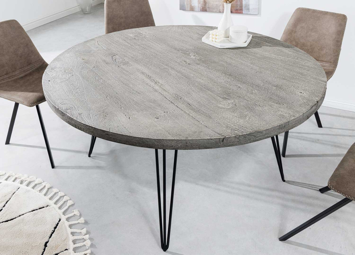 Table ronde en bois massif de manguier grisé style industriel