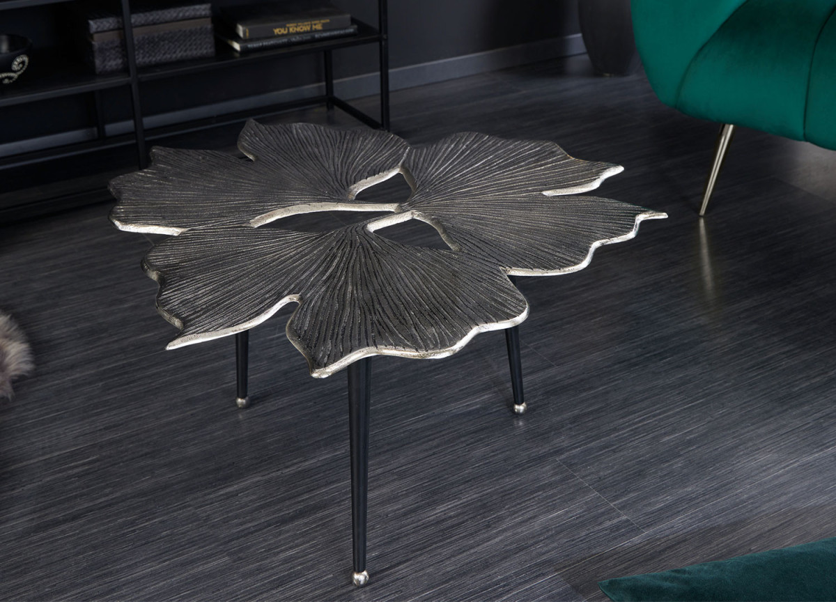 Table basse moderne argentée feuille gingko originale