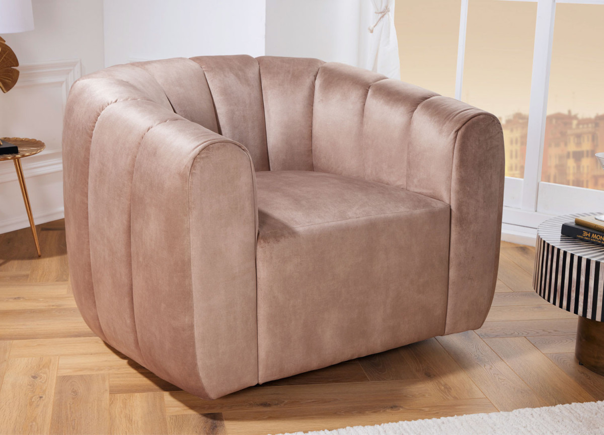 Fauteuil rotatif en velours champagne et grège