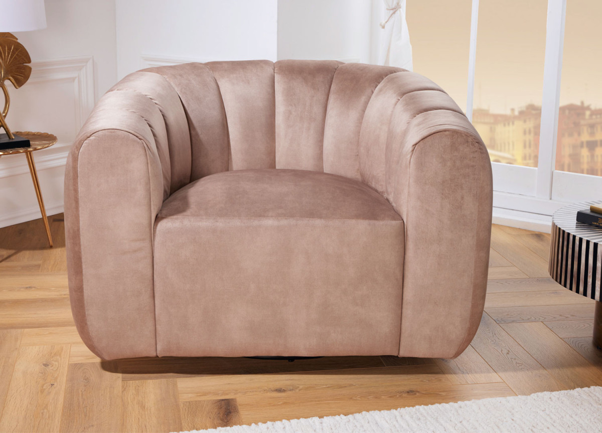 Fauteuil rotatif en velours champagne et grège