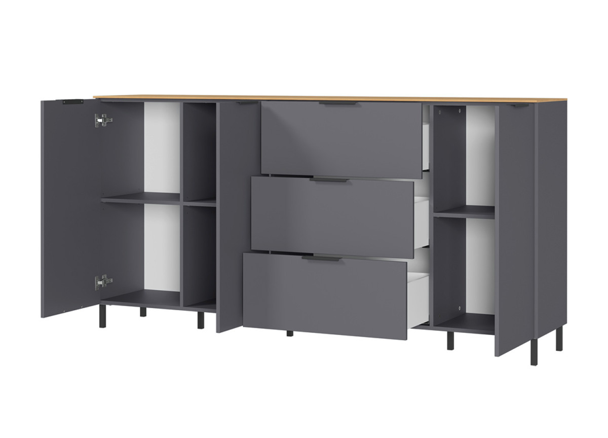 Grand buffet gris et bois 3 portes et 3 tiroirs
