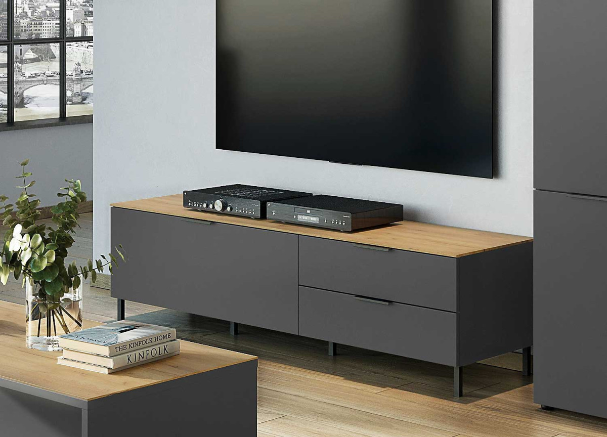 Banc TV graphite et couleur bois