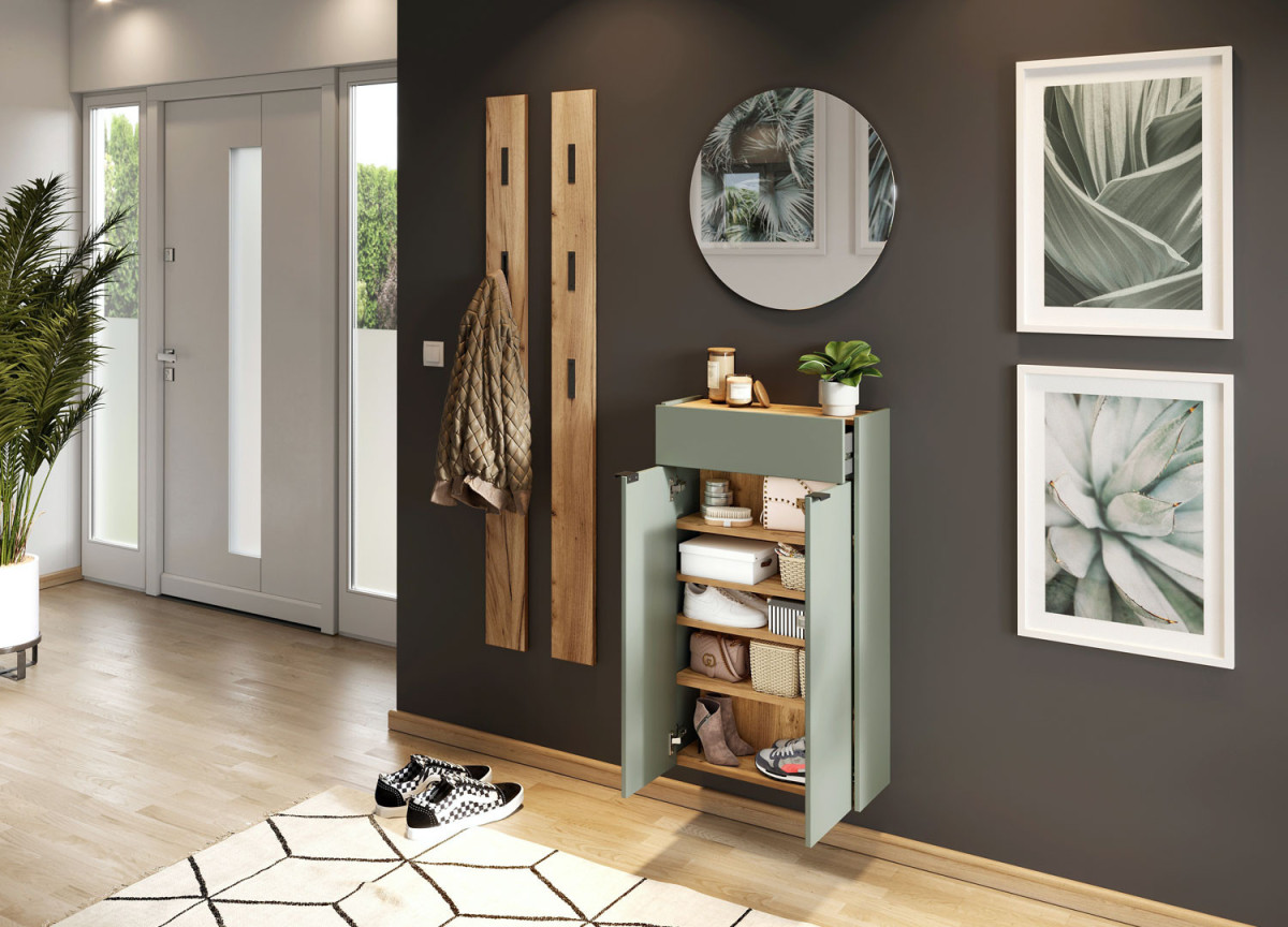Petit meuble de rangement mural vert sauge et bois