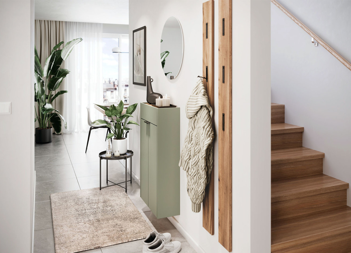 Petit meuble de rangement mural vert sauge et bois
