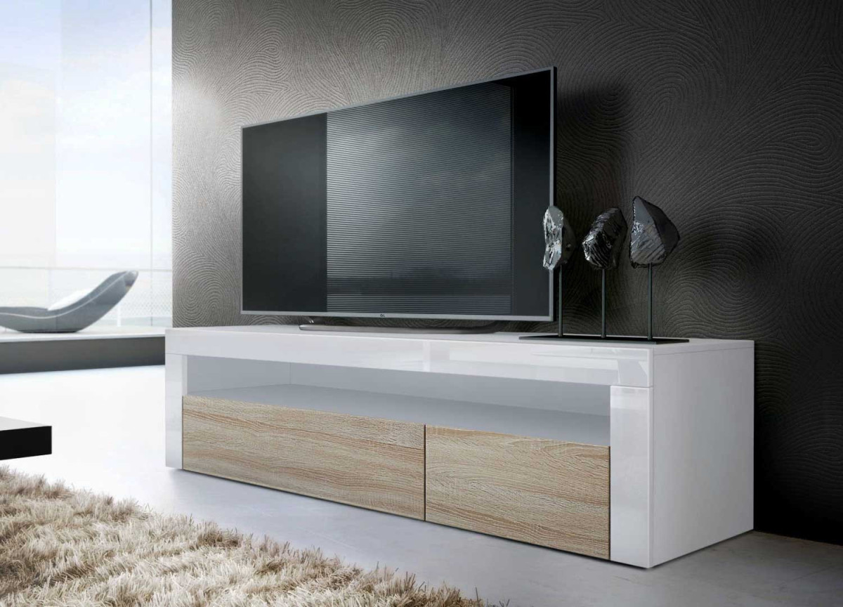 Meuble TV Design Laqué 2 Portes 1 Niche