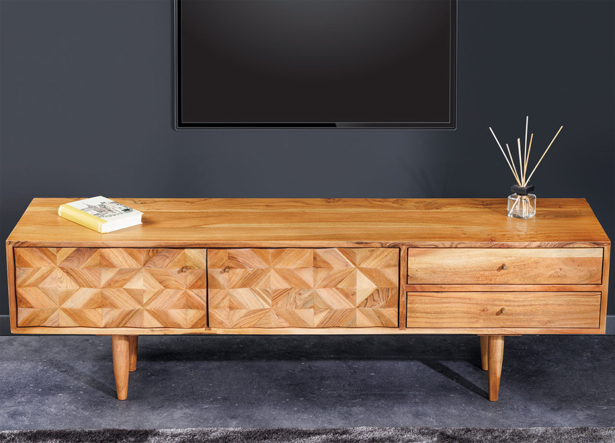 Meuble TV 145 cm acacia et métal doré