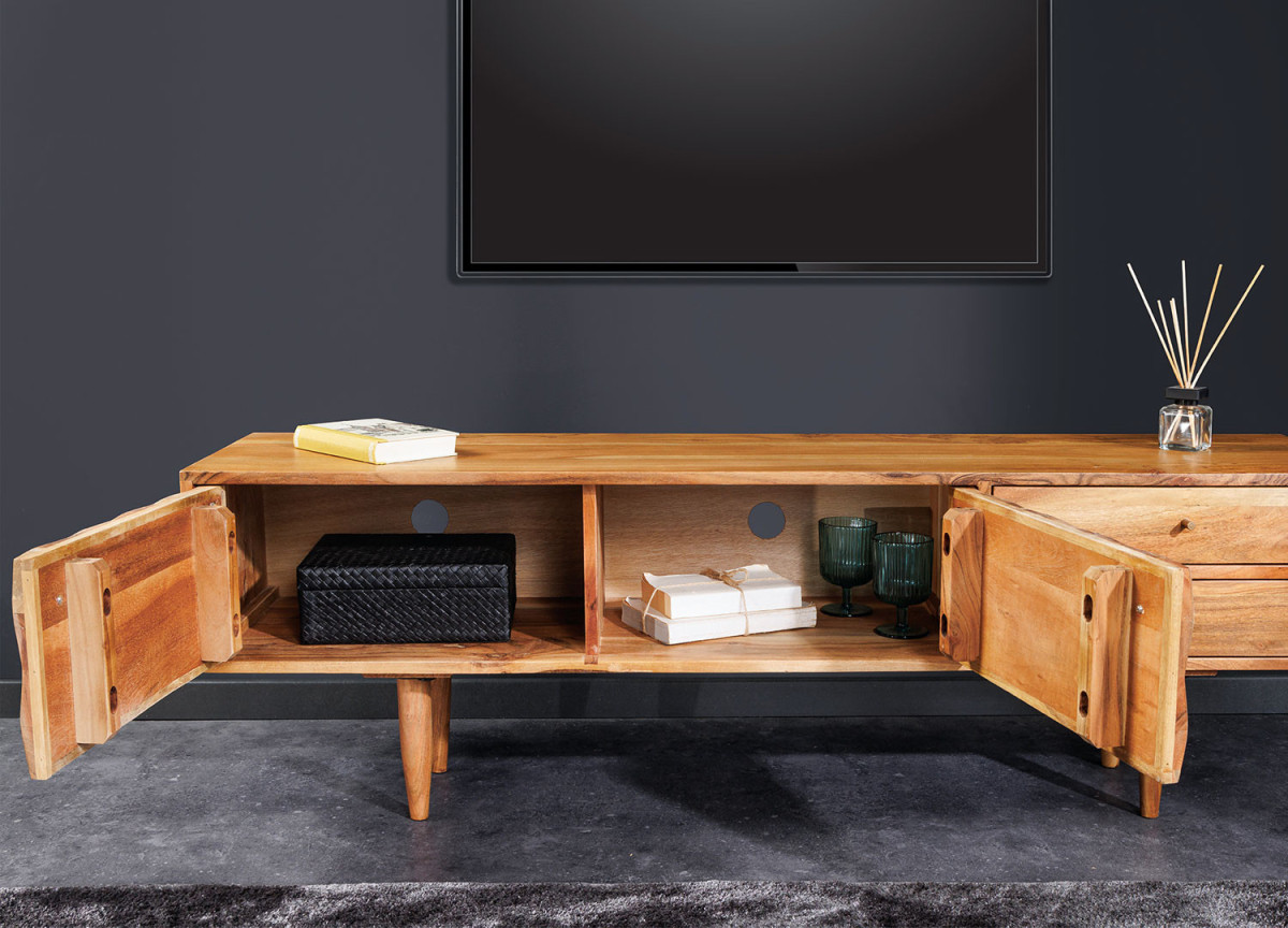 Meuble TV 145 cm acacia et métal doré