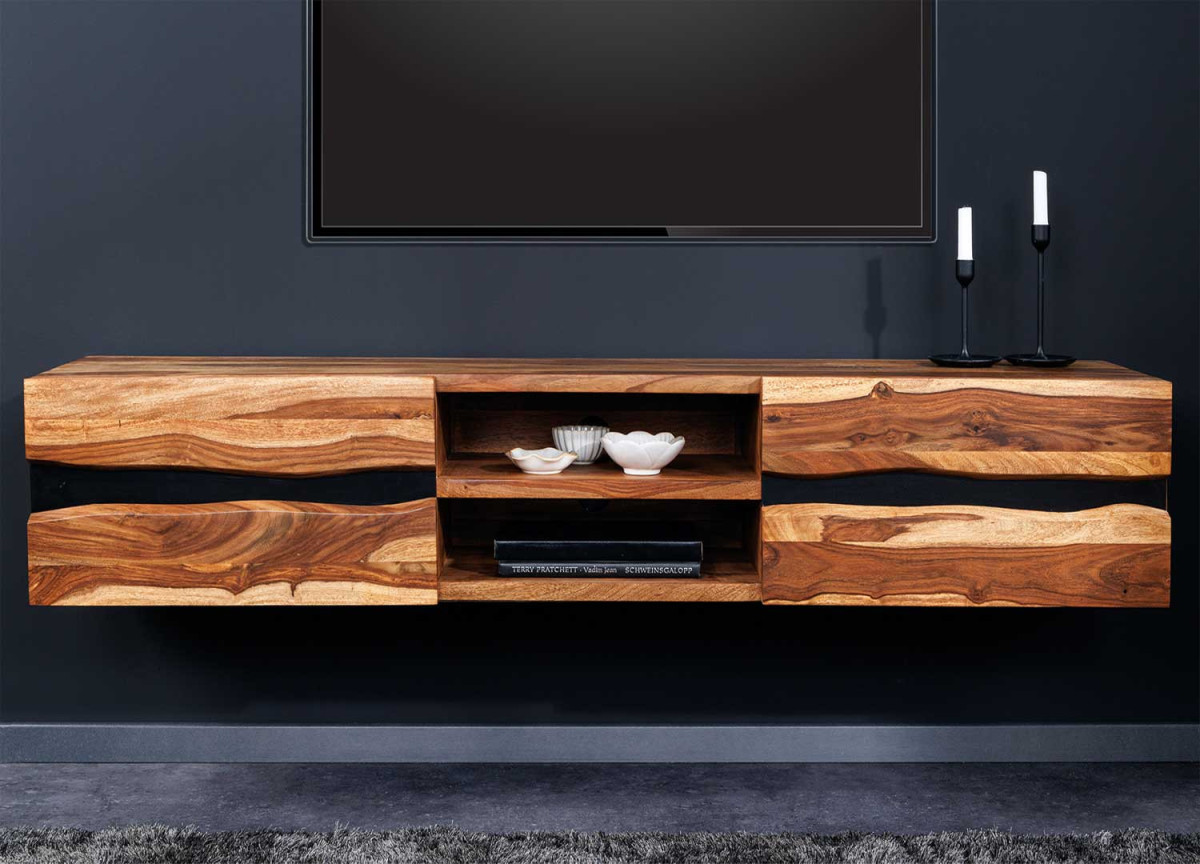 Banc tv suspendu en bois massif et métal noir