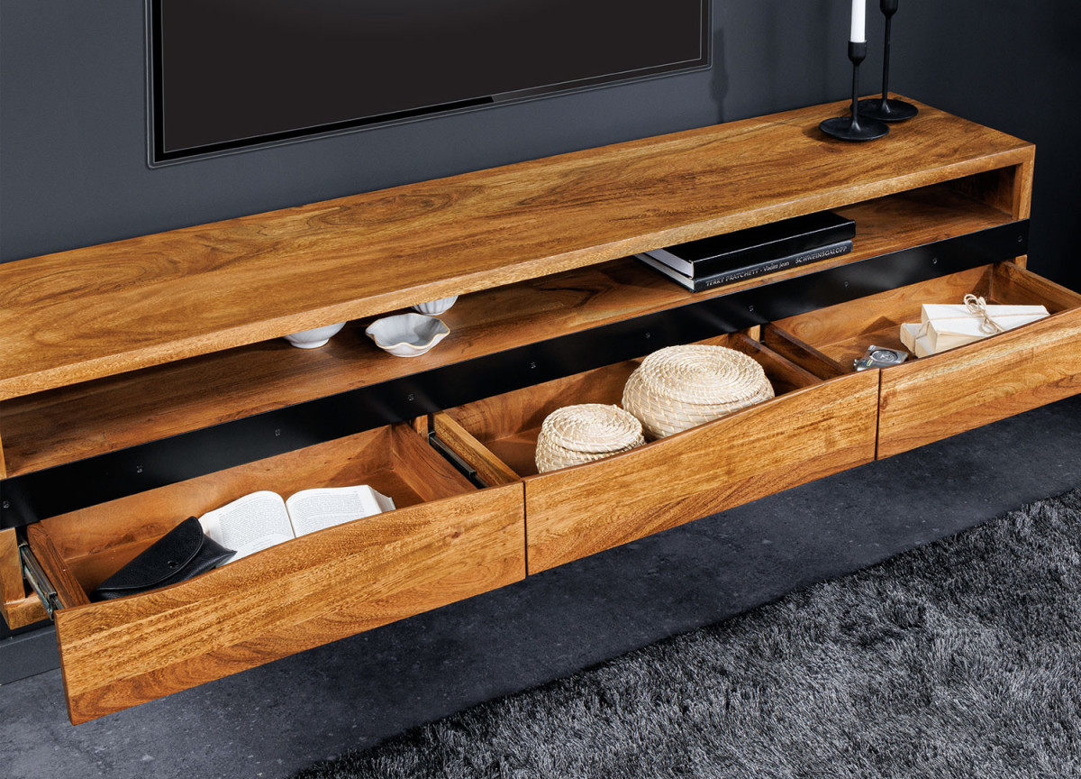 Meuble tv mural en bois massif avec bandeau noir