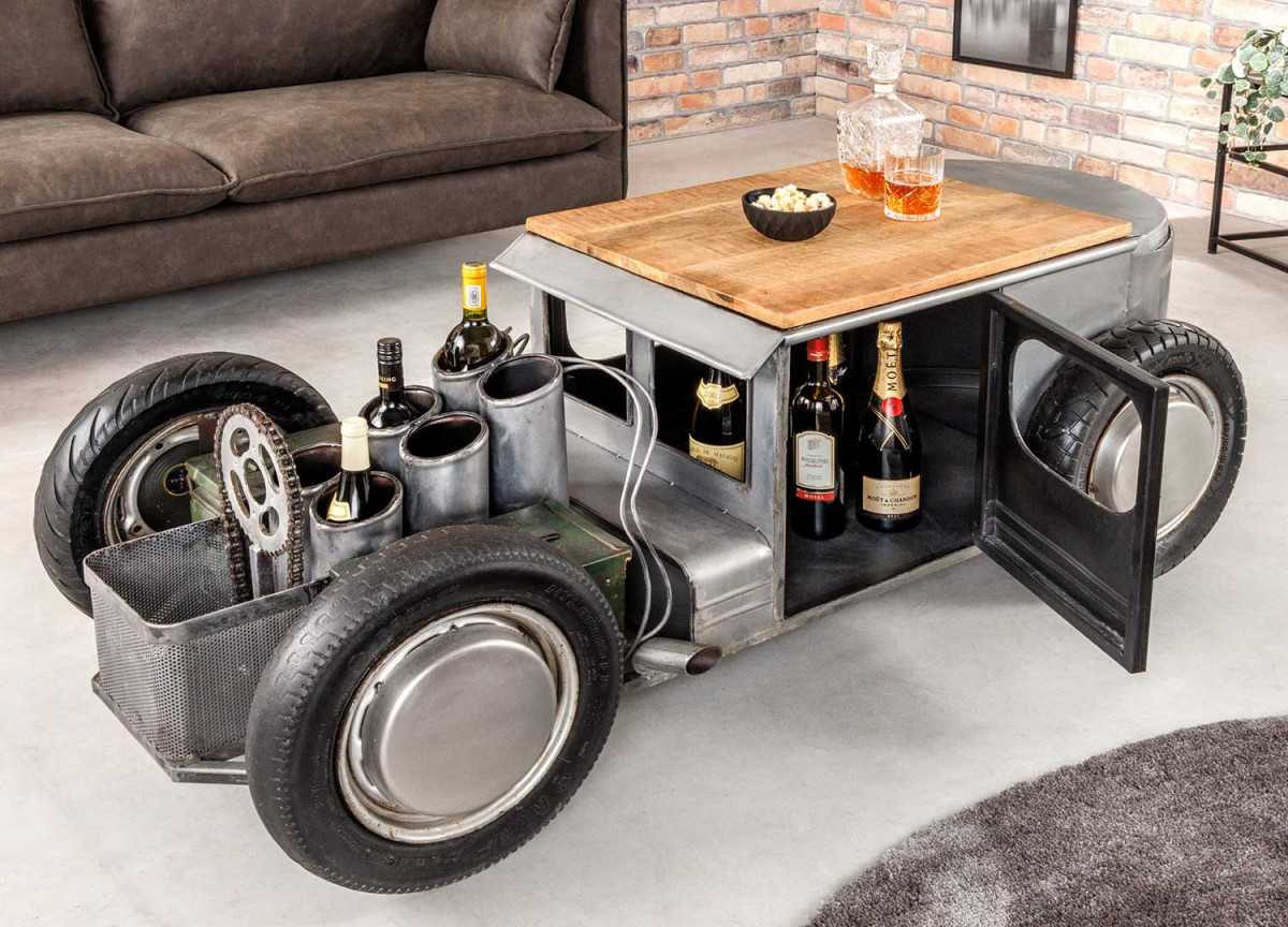 Table basse voiture vintage en métal et bois massif