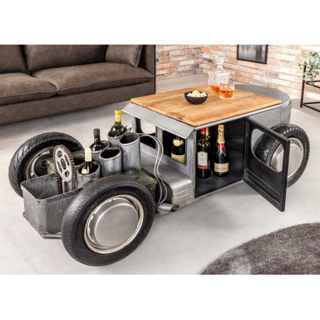 Table basse voiture vintage en métal et bois massif